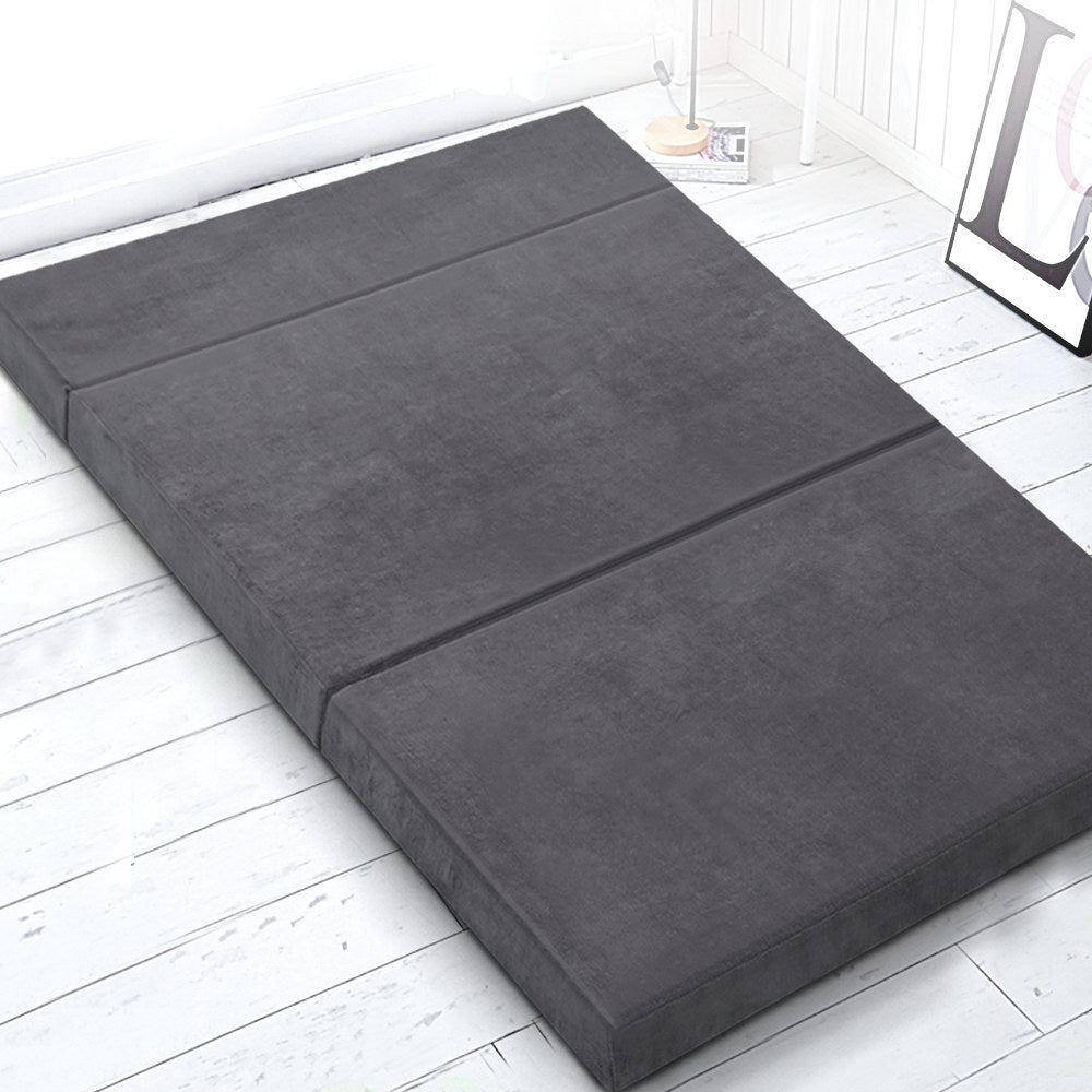 Double Size Folding Foam Mattress Portable Bed Mat Velvet Dark Grey - Giselle Bedding